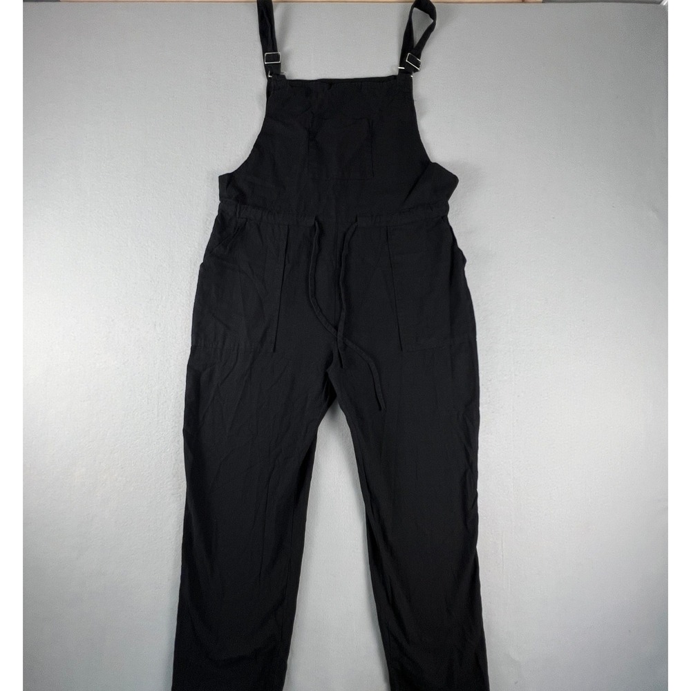 Linen Blend Overalls Women L Black Drawstring Waist Boho Jumpsuit
